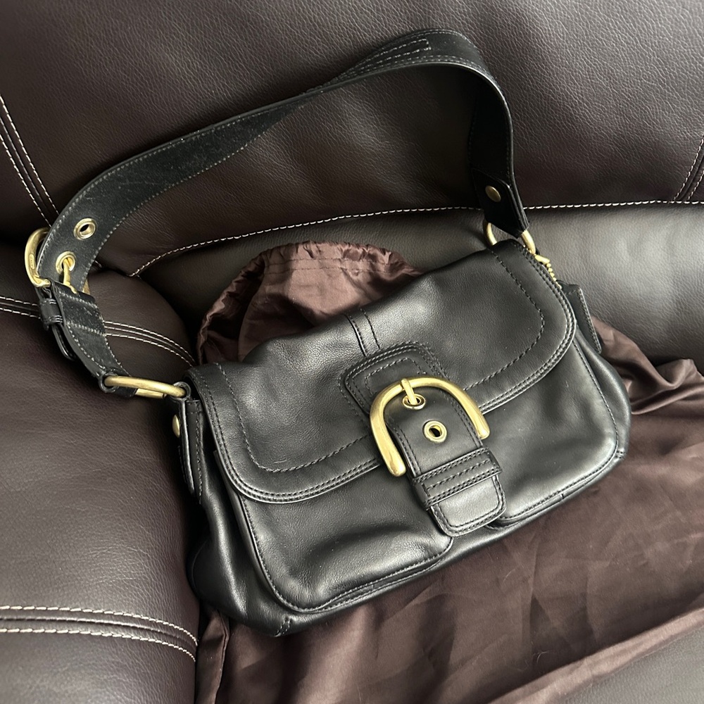 Coach Black Leather Shoulder Bag with Gold Buckle